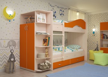 Двухэтажная детская кровать Мая на щитах со шкафом и ящиками, корпус Млечный дуб, фасад Оранжевый в Благовещенске