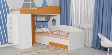 Кровать-чердак в детскую Кадет-2 с металлической лестницей, корпус Белое дерево, фасад Оранжевый в Благовещенске