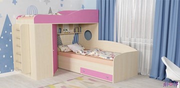 Детская кровать-чердак Кадет-2 с металлической лестницей, корпус Дуб, фасад Розовый в Благовещенске