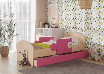 Детская кровать с бортиками и ящиком Мозайка, корпус Млечный дуб/фасад Розовый (щиты) в Благовещенске