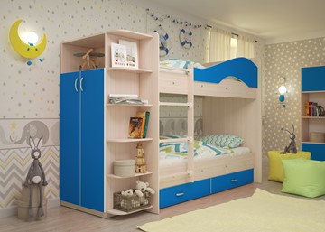 Двухъярусная детская кровать Мая на щитах со шкафом и ящиками, корпус Млечный дуб, фасад Синий в Благовещенске