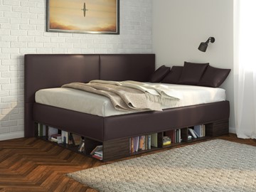 Полуторная детская кровать Lancaster 1, 120х200, ЛДСП венге, экокожа коричневая в Благовещенске