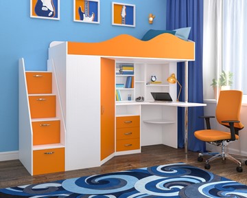 Детская кровать-шкаф Пионер-1, каркас Белое дерево, фасад Оранжевый в Благовещенске