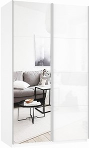 Шкаф двухдверный Прайм (Зеркало/Белое стекло) 1600x570x2300, белый снег в Благовещенске
