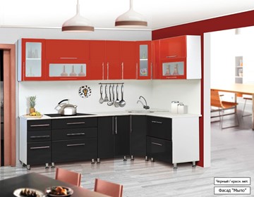 Угловая кухня Мыло 224 2600х1600, цвет Черный/Красный металлик в Благовещенске