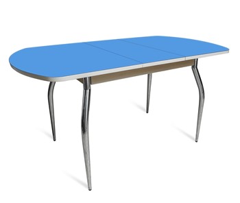 Кухонный раздвижной стол ПГ-02 СТ2, дуб молочный/синие стекло/35 хром гнутые металл в Благовещенске