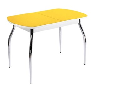 Кухонный стол раскладной ПГ-02 СТ2, белое/желтое стекло/35 хром гнутые металл в Благовещенске