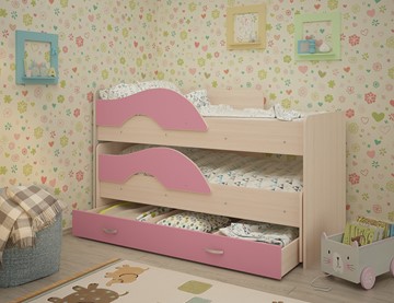 Детская двухэтажная кровать Радуга 1.6 с ящиком, корпус Млечный дуб, фасад Розовый в Благовещенске