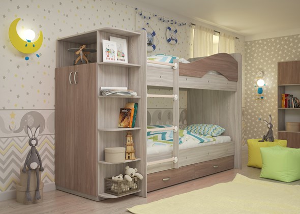 Детская двухъярусная кровать Мая на щитах со шкафом и ящиками, корпус Шимо светлый, фасад Шимо темный в Благовещенске - изображение