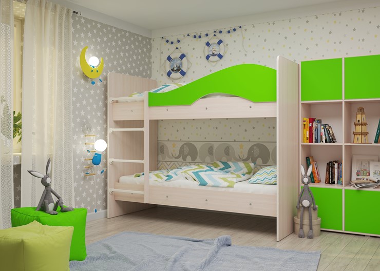 Детская 2-этажная кровать Мая на щитах, корпус Млечный дуб, фасад Салатовый в Благовещенске - изображение 1