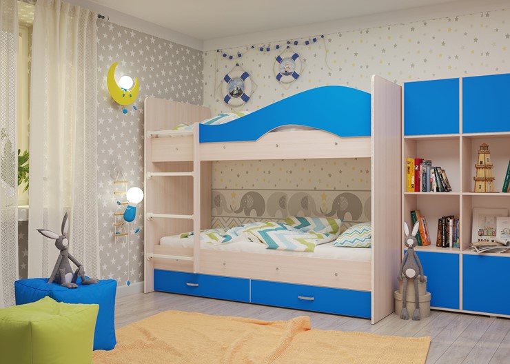 Детская двухэтажная кровать Мая на щитах, корпус Млечный дуб, фасад Синий в Благовещенске - изображение 1