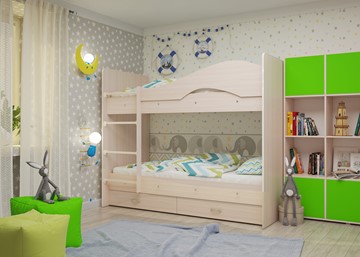 Детская 2-х ярусная кровать Мая на щитах со шкафом и ящиками, цвет Млечный дуб в Благовещенске - предосмотр 1