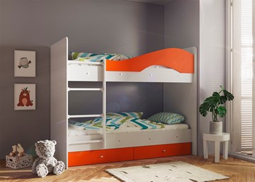 Детская 2-этажная кровать Мая с 2 ящиками на щитах, корпус Млечный дуб, фасад Оранжевый в Благовещенске - предосмотр