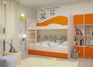 Детская 2-этажная кровать Мая с 2 ящиками на щитах, корпус Млечный дуб, фасад Оранжевый в Благовещенске - предосмотр 3