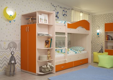 Детская 2-этажная кровать Мая с 2 ящиками на щитах, корпус Млечный дуб, фасад Оранжевый в Благовещенске - предосмотр 1