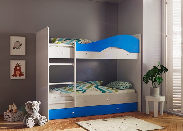 Двухъярусная кровать Мая с 2 ящиками на щитах, корпус Млечный дуб, фасад Синий в Благовещенске - изображение