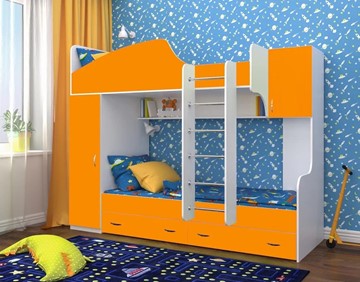 Детская двухъярусная кровать Юниор-2, каркас Белое дерево, фасад Оранжевый в Благовещенске