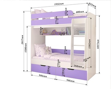 Двухэтажная детская кровать Юниор-5, каркас Белое дерево, фасад Ирис в Благовещенске - предосмотр 1