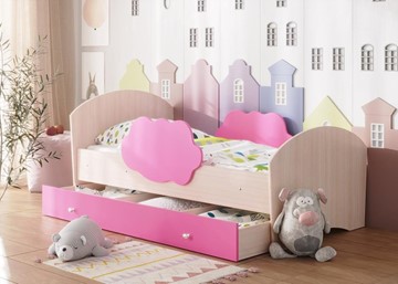 Детская кровать с бортиками Тучка с ящиком, корпус Дуб млечный, фасад Розовый в Благовещенске