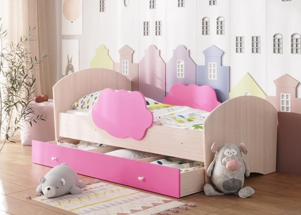Детская кровать с бортиками Тучка с ящиком, корпус Дуб млечный, фасад Розовый в Благовещенске - изображение