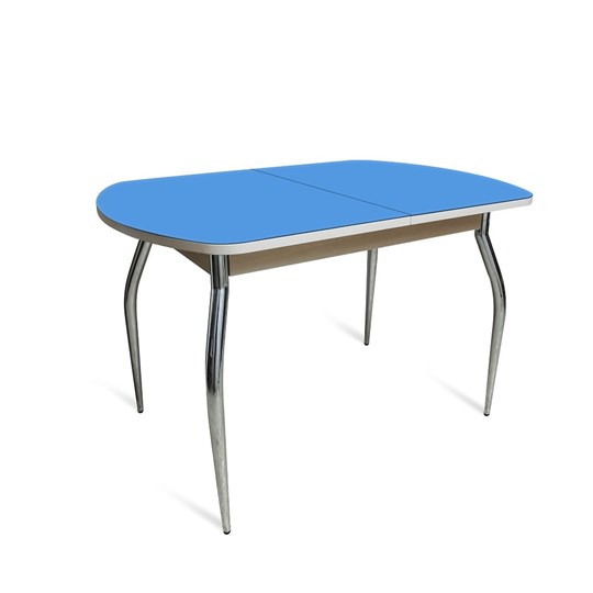Обеденный раздвижной стол ПГ-01 СТ2, дуб молочный/синие стекло/35 хром гнутые металл в Благовещенске - изображение 1