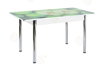 Кухонный раскладной стол Айсберг-01 СТФ, белый/фотопечать зеленые яблоки/ноги хром круглые в Благовещенске