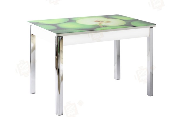 Раздвижной стол Айсберг-01 СТФ, белый/фотопечать зеленые яблоки/ноги хром квадратные в Благовещенске - изображение