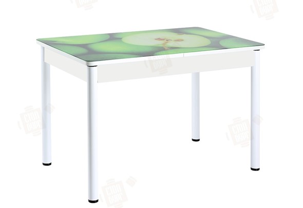 Кухонный раздвижной стол Айсберг-01 СТФ, белый/фотопечать зеленые яблоки/ноги крашеные в Благовещенске - изображение