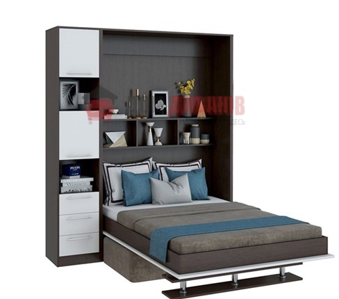 Кровать-шкаф с диваном Бела 1, с полкой ножкой с 1 пеналом, 1600х2000, венге/белый в Благовещенске - изображение