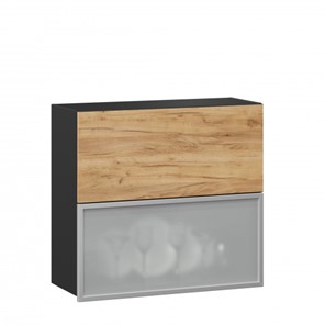 Кухонный навесной шкаф 800 горизонтальный, Шервуд, ЛД 281.981.000.049, со стеклом, черный/дуб золотой в Благовещенске