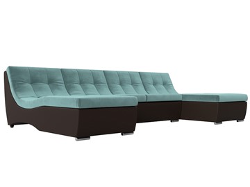 Большой П-образный диван Монреаль, Бирюзовый\Коричневый (Велюр\Экокожа) в Благовещенске